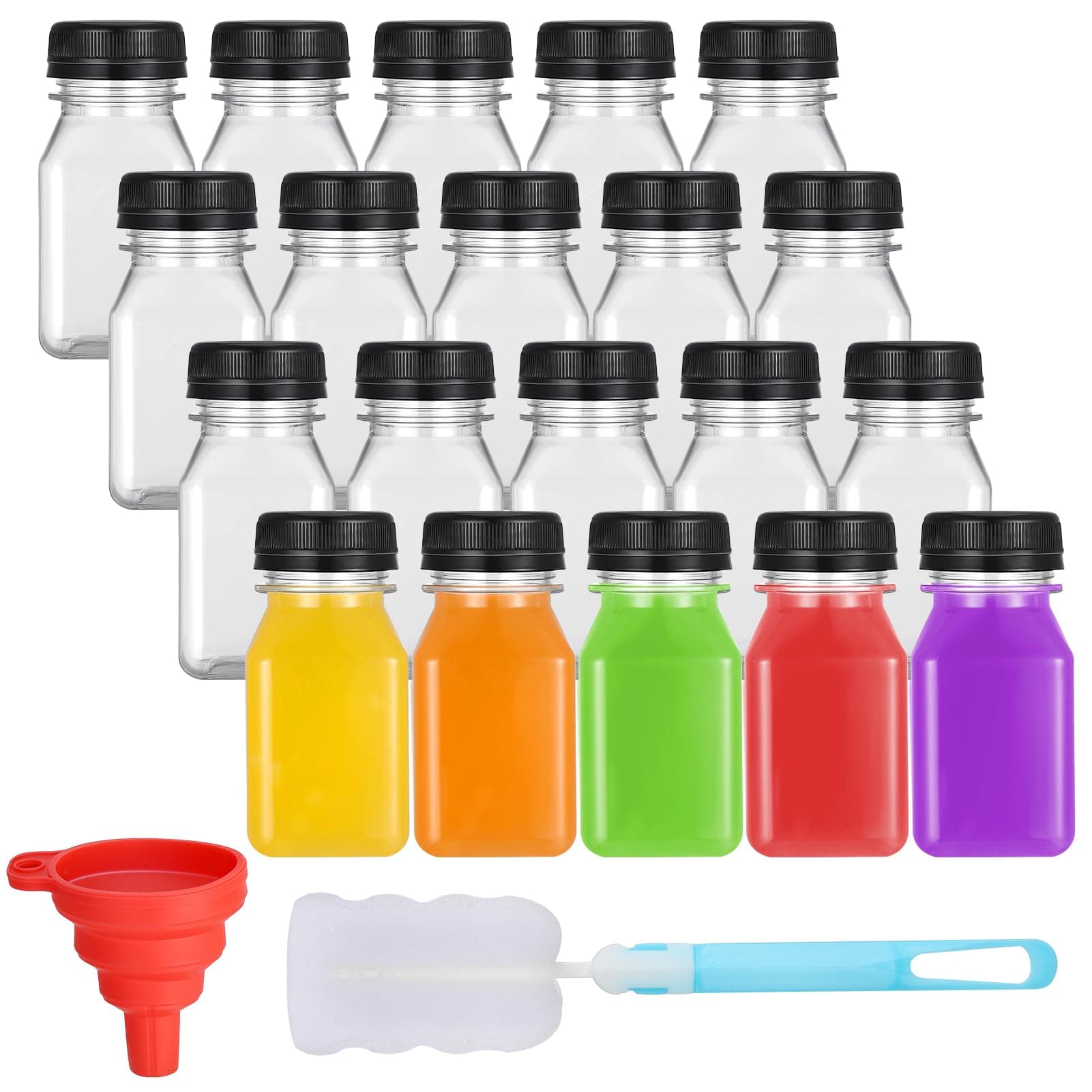 20 Pack 4oz/120ml Plastic Juice Bottles with Black Lids, with Pouring Funnel and Brush, Empty Reusable Drink Containers for Smoothie Juice Milk, Water and Other Beverages, Black,transparent