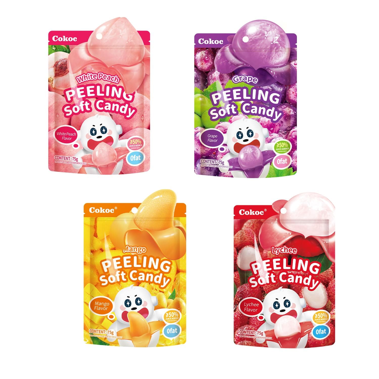 Peelable Gummies Variety Pack – 4 Fruit Flavors（Mango,Grape,Peach,Lychee) Fruit Candy Treats, 10.58oz(300g),Individually Wrapped,Easter Candy Bag