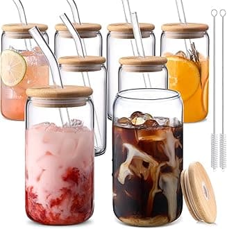 DWTS DANWEITESIGlass Cups with Lids and Straws 8 pcs,16 oz Glass Iced Coffee Cups with Lids-DWTS Clear Glass Coffee Cups,Cute Glass Cups for Coffee Bar Accessories Gifts