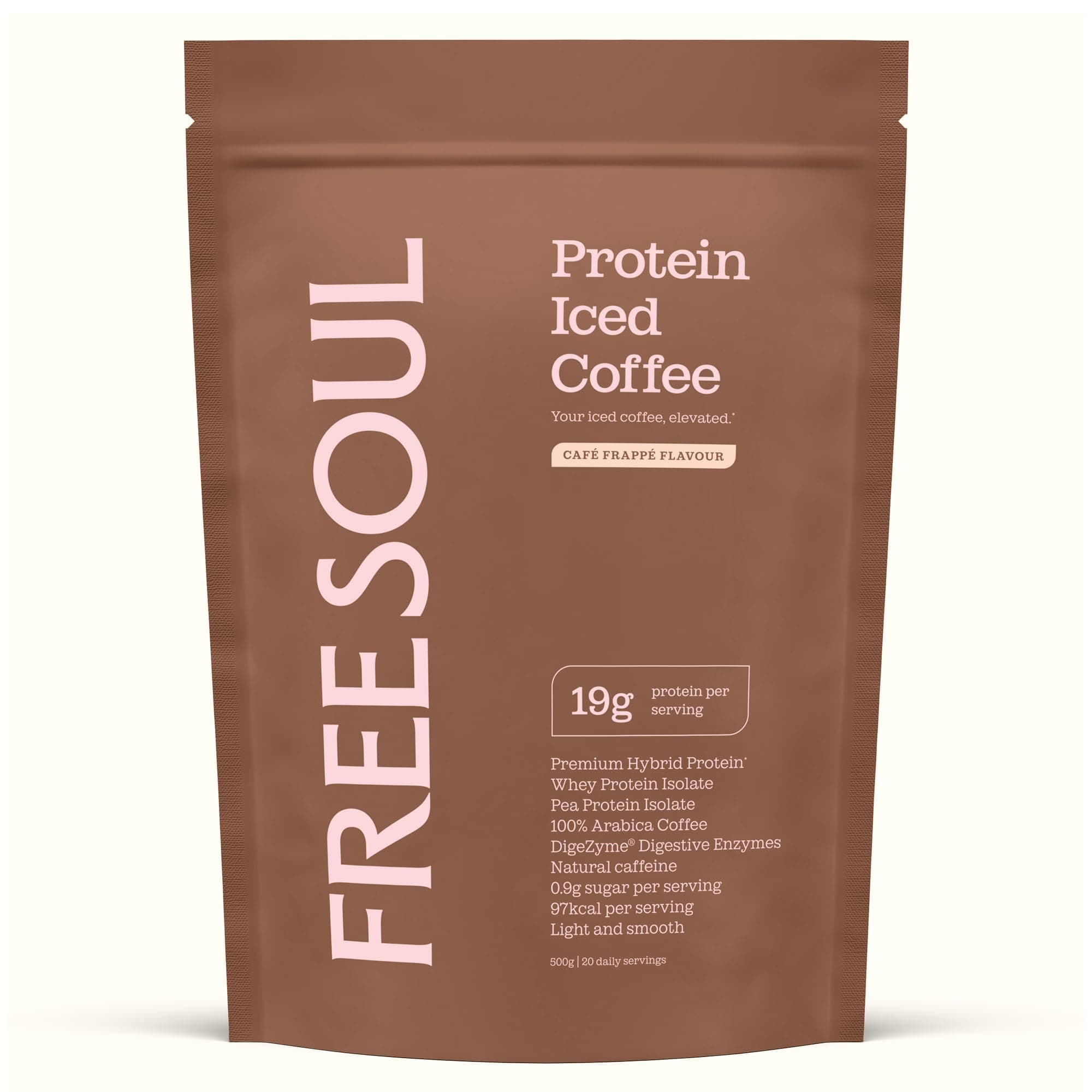 Protein Iced Coffee | 19g Protein & 80mg Caffeine per Serving | Only 97Kcal | Low Calorie + High Protein | Whey Protein & Pea Protein Isolate Blend + Digestive Enzymes | Café Frappé | Free Soul