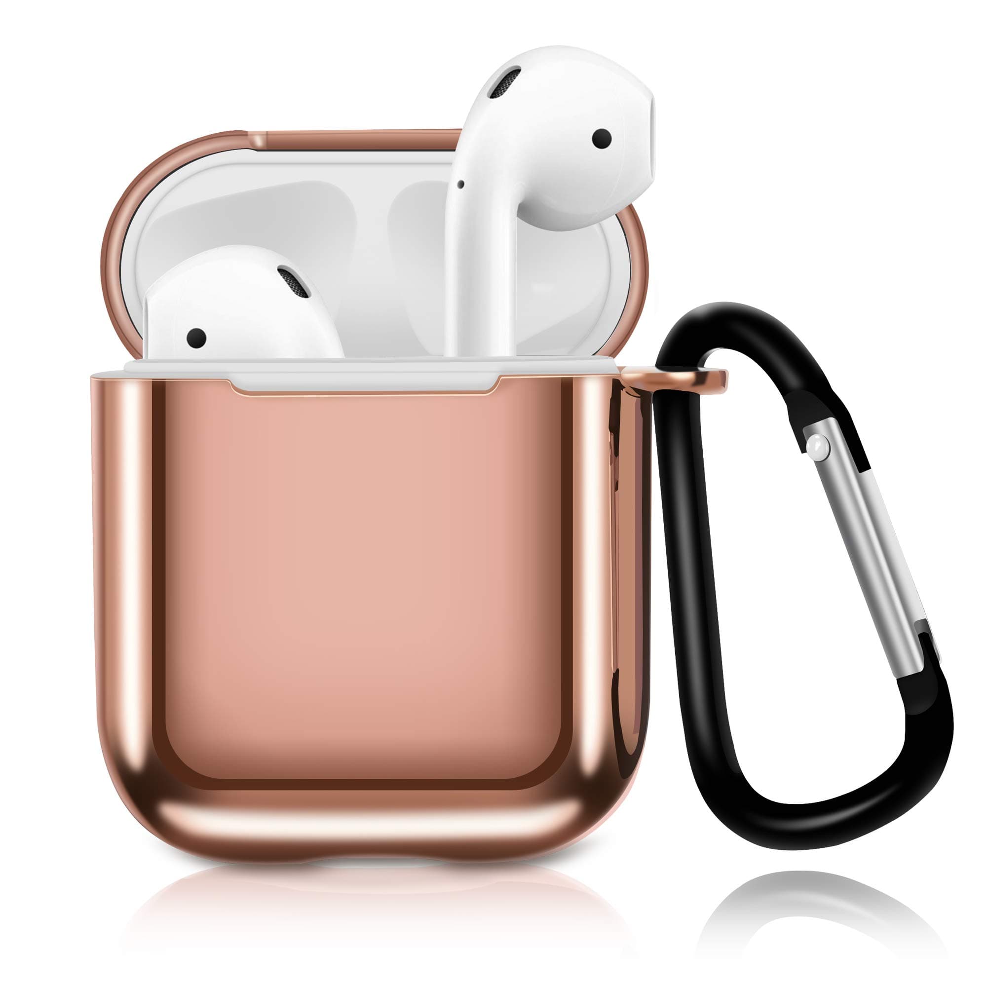 DEFBSC TPU Plating AirPods case with Carabiner, Support Wireless Charging,Compatible with Apple Airpods 1&2, Anti-lost Dustproof Shockproof AirPods Accessories Rose Gold