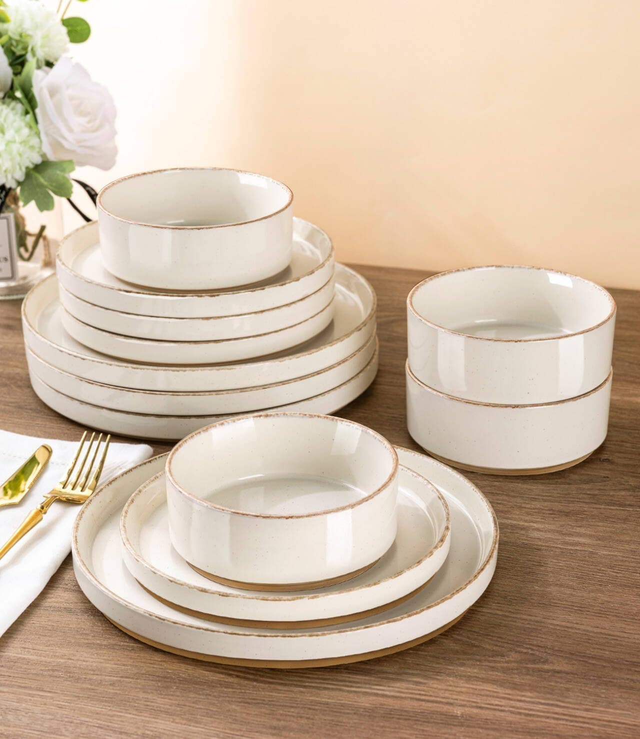 Ceramic Dinnerware Sets for 4, 12 Pieces Handpainted Plates and Bowls Set with Rustic Terracotta Underside, Scratch Resistant Stoneware Dishes Set, Dishwasher & Microwave Safe