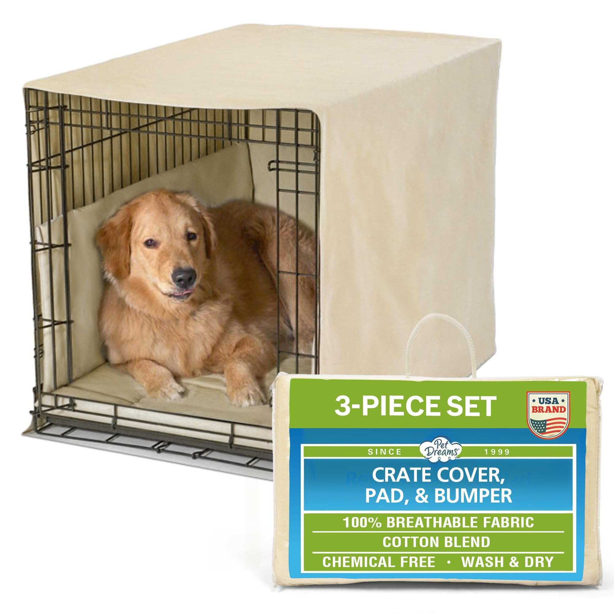 3-Piece Set Includes Dog Crate Cover, Dog Mat & Bumper Pad- Washable Kennel Bedding fits iCrate Cages 24, 30, 36, 42 Inch (Khaki, Small, 24")