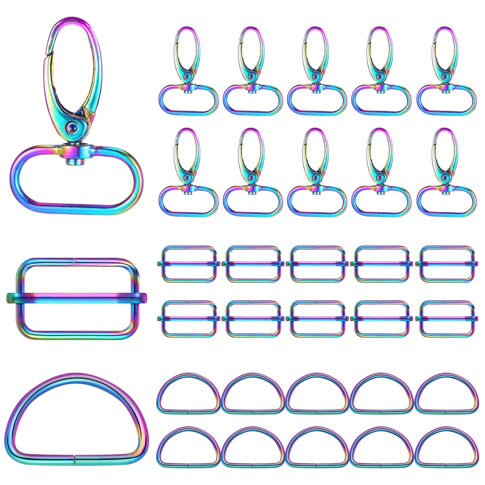 Tudomro 30 Pcs Rainbow Swivel Hook Claw Clasp Include 10 pcs Colorful Key Chain Swivel Hook with 10 pcs D Rings and 10 pcs Tri Glide Slide Buckles Set for Making Craft Dog Collar Bag Purse (Colorful)