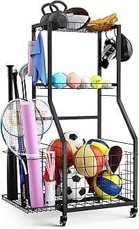 Sports Equipment Garage Organizer,Garage Ball Storage Rack for Sports with Wheels-Upgraded 3 Layers Sports Organizer Rack Outdoor Basketball Racks for Balls with Holder and Hooks