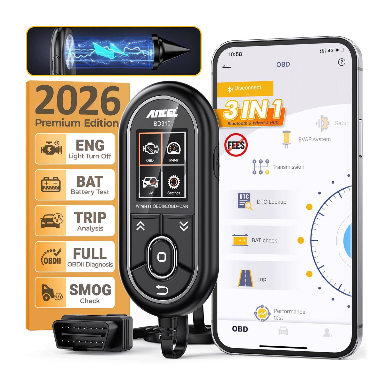 BD310 OBD2 Scanner Bluetooth - OBD2 Scanner Diagnostic Tool for Car - App Based OBDII Scan Tool for Android & iPhone - Check Engine Light Vehicle Code Reader