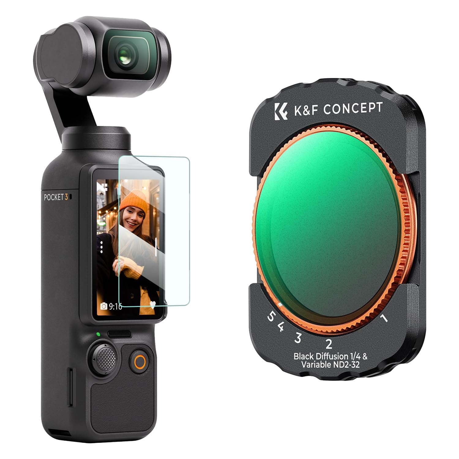 K&F CONCEPT 2-in-1 filter for Osmo Pocket 3- Black-mist 1/4 & ND2-32 -Compatible with DJI Osmo Pocket 3, Black diffusion Variable ND Filter 5 Stop Neutral Density