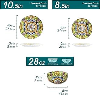 vancasso 12 Pieces Dinnerware Sets, Green Plates and Bowls Set, Porcelain Dishes Set for 4, Microwave and Dishwasher Safe, Scratch Resistant, Bohemian Style Dining Ware Service for 4, Series SIMI