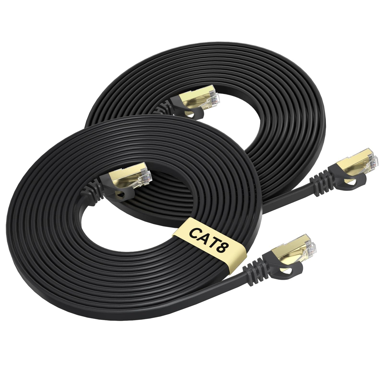 BUSOHE Cat 8 Ethernet Cable 3 FT 2-Pack, 40Gbps 2000MHz Cat8 High Speed Flat Internet Network Patch Cord, SFTP Shielded LAN Wire with Gold Plated RJ45 Connector, Outdoor Indoor, for Router- 3FT Black