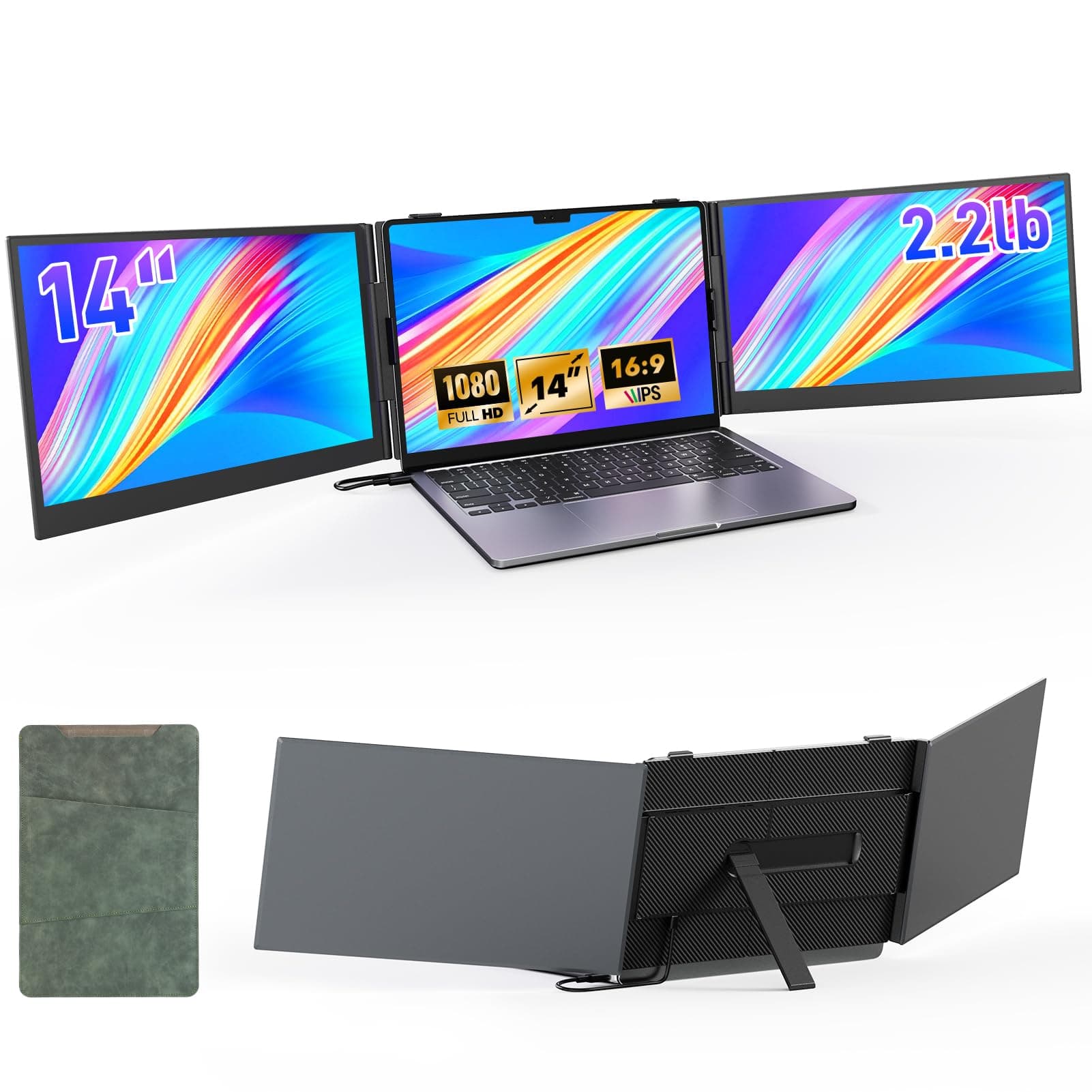 Redalf 14” Triple Laptop Screen Extender,Ultra-Thin & Lightweight (2.2lb) Portable 1080P FHD IPS Monitor, Plug & Play USB-C/HDMI, Fits 13–17.3” Laptops for Mac/Windows/Chrome