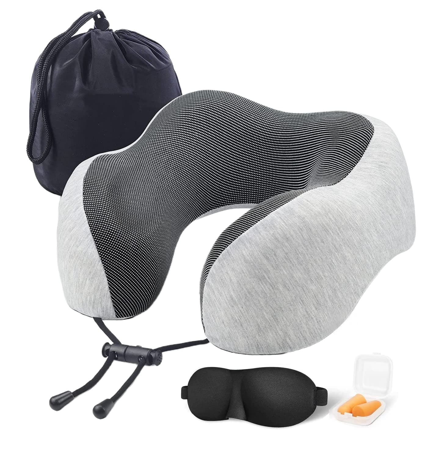 SKY-TOUCH Travel Pillow Memory Foam Neck Pillow, Comfortable & Breathable Cover - Machine Washable, Airplane Travel Kit with 3D Sleep Mask, Earplugs, and Luxury Bag, Grey