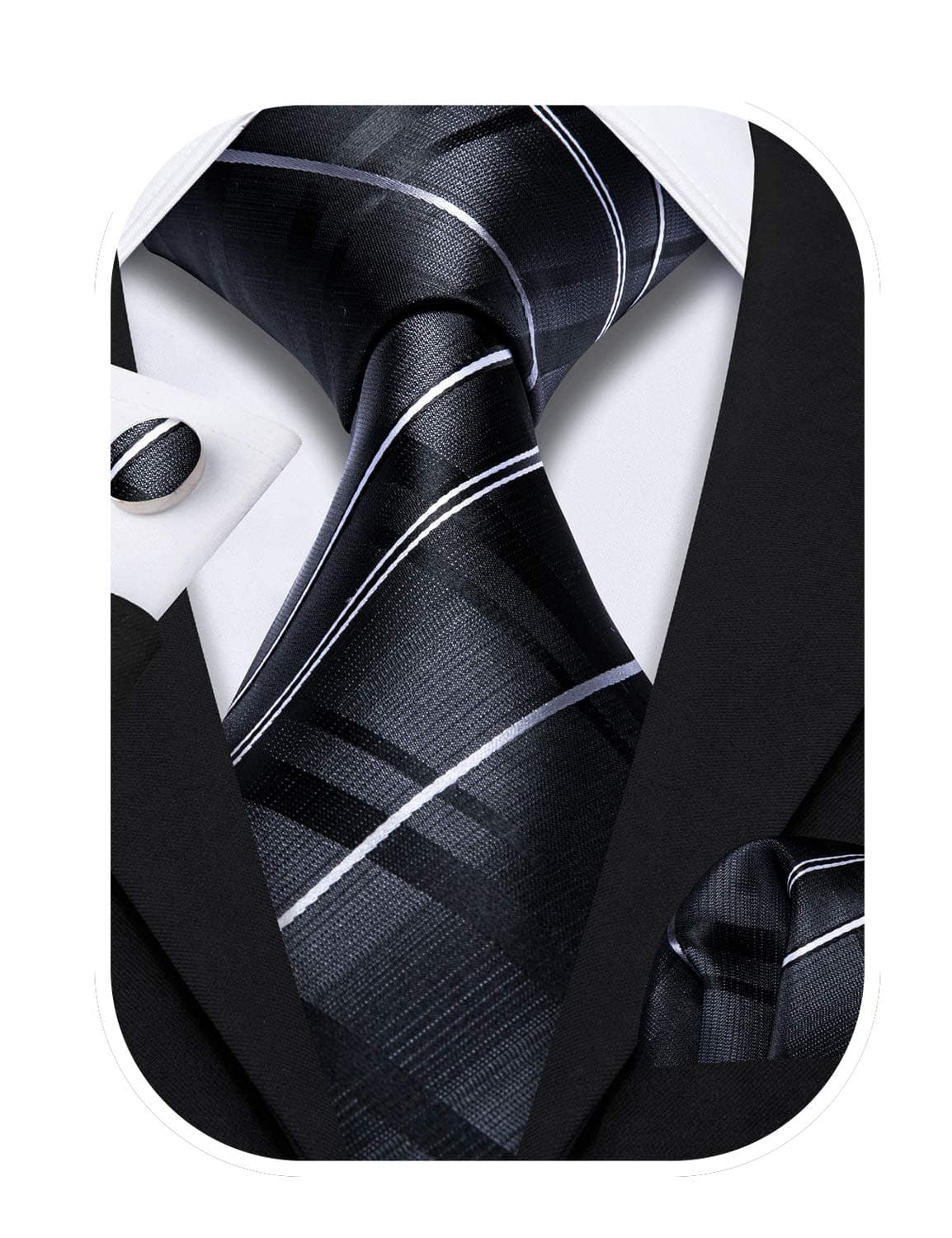 Tie Sets for Men Silk Stripe Necktie Woven Checkered Handkerchief Cufflinks Formal Business Wedding