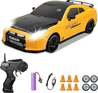 RC Drift Car 1:24 Scale 4WD Remote Control Car, LED Light, Drifting Wheels, Racing Wheels, Battery, For Boys & Adults, Yellow