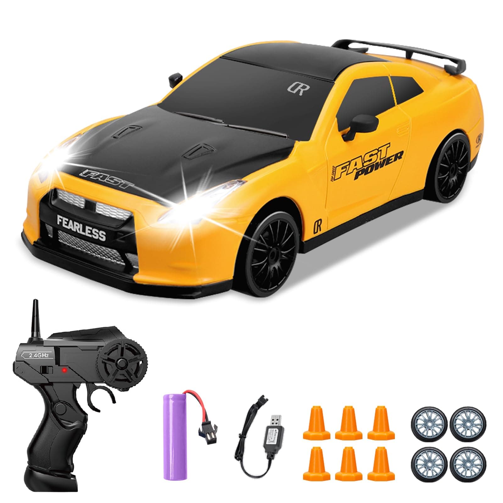 RC Drift Car 1:24 Scale 4WD Remote Control Car, LED Light, Drifting Wheels, Racing Wheels, Battery, For Boys & Adults, Yellow