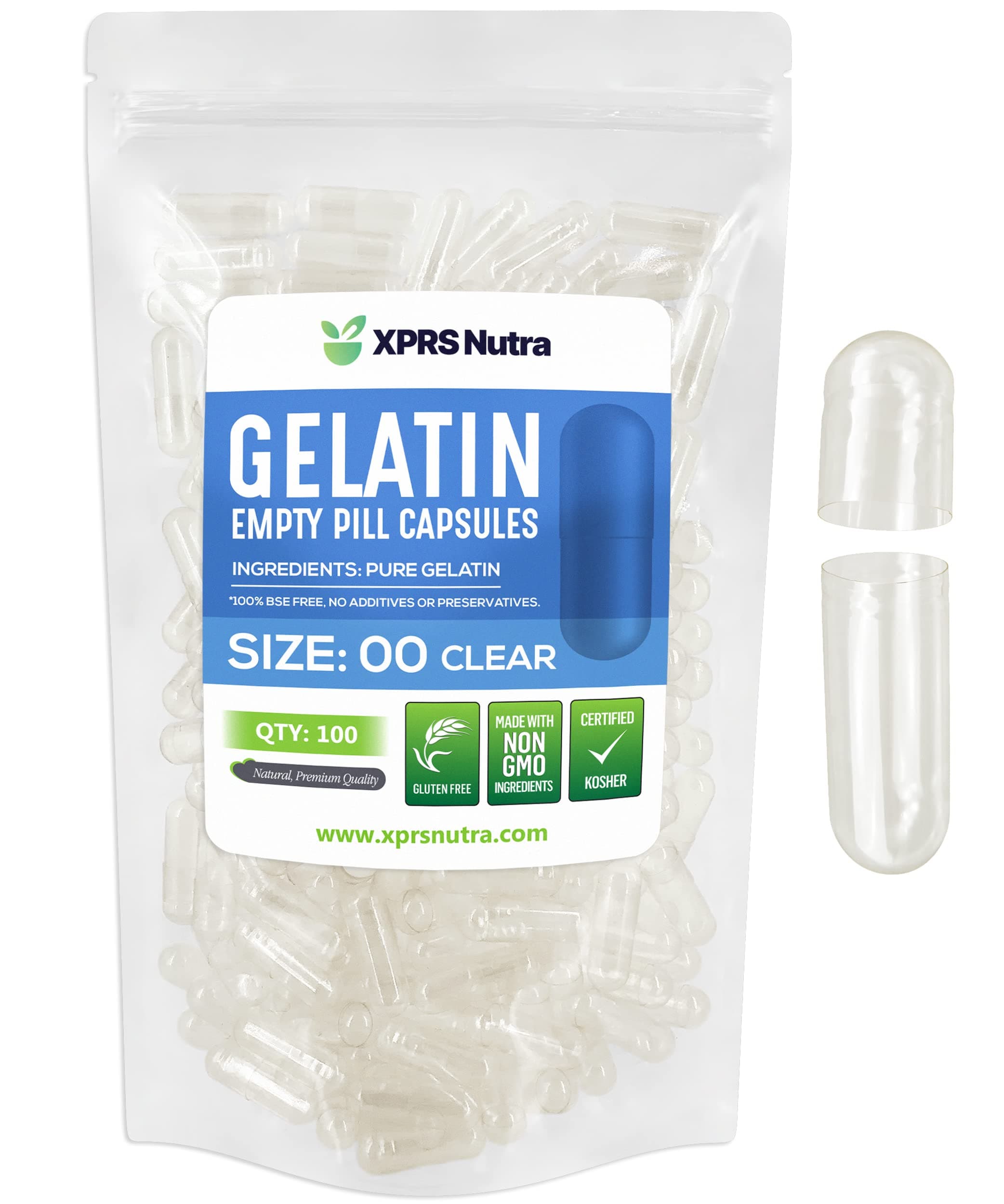 Capsules Express- Size 00 Clear Empty Gelatin Capsules- Kosher - Pure Gelatin Pill Capsule- DIY Powder Filling (100)