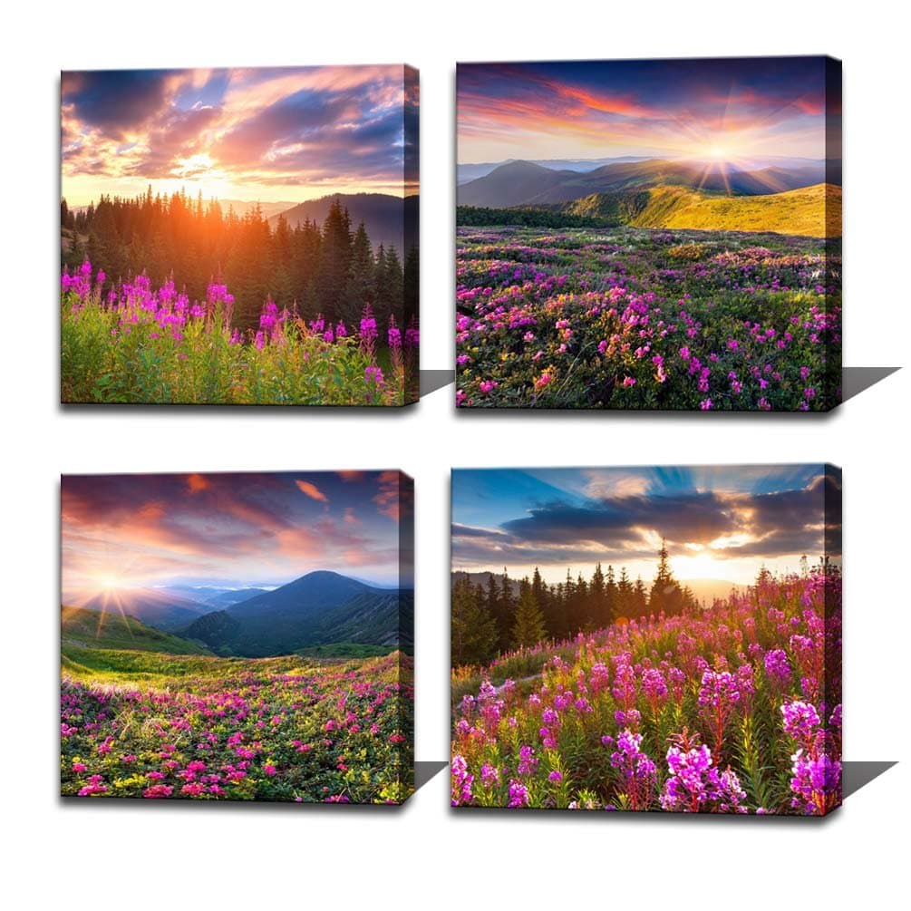 Noah Art-Modern Landscape Art Print Posters, Sun Light over Mountains Wall Art Pictures of Flowers on Canvas Print, 4 Piece Sunrise Canvas Art Ready to Hang Outdoor Wall Art for Bathroom Wall Decor