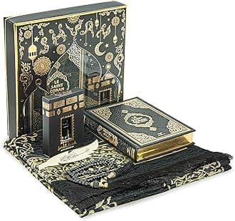 Ihvan Online Hajj & Umrah Gift Set - Muslim Prayer Rug, Mat, Beads, Holy Quran (French), Janamaz, Islamic Gift for Ramadan & Eid, Black