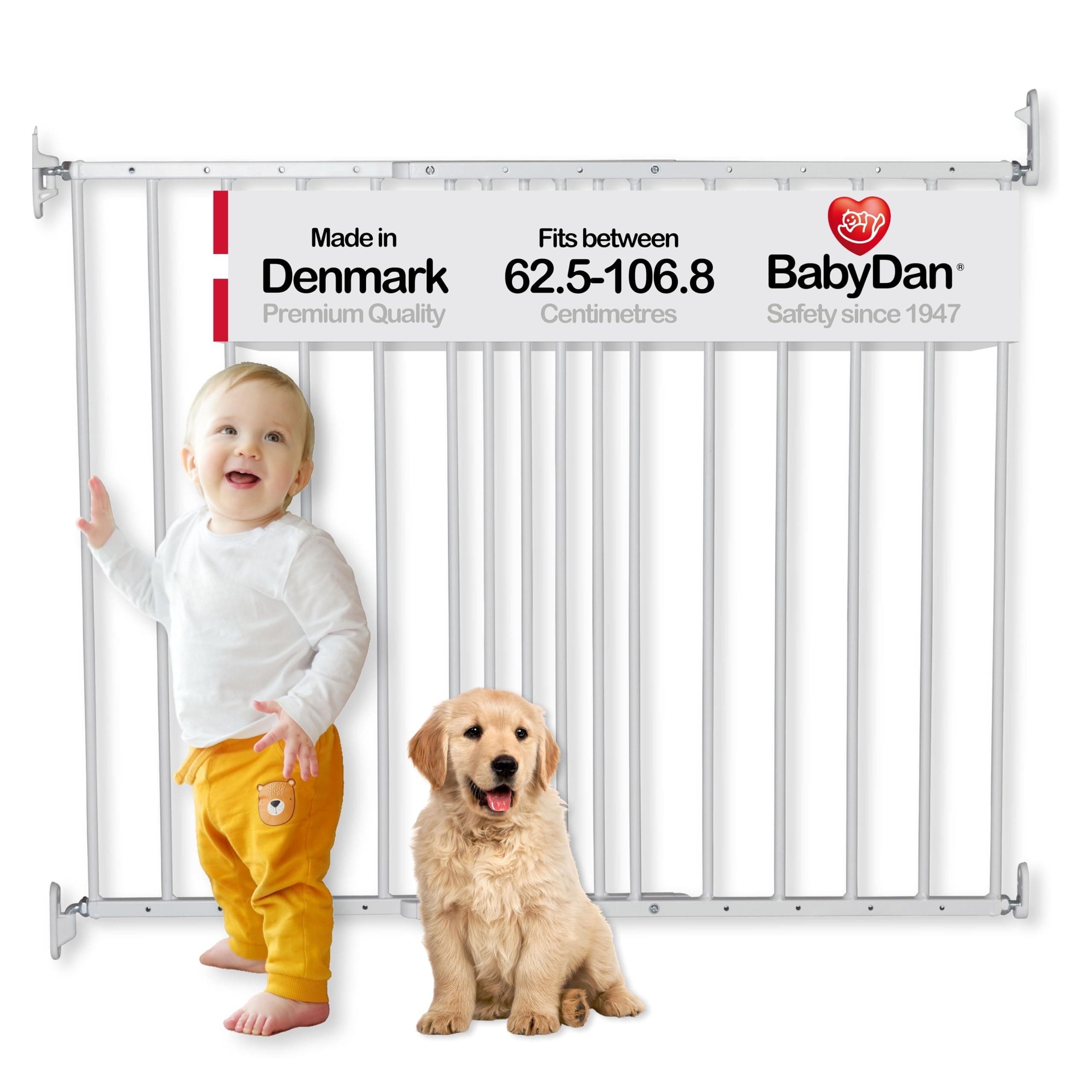 BabyDan MultiDan, 62.5-106.8 cm, Extendable Stair Gate/Baby Gate/Safety Gate, Metal, White, Made in Denmark - (Pet Gate/Dog gate)