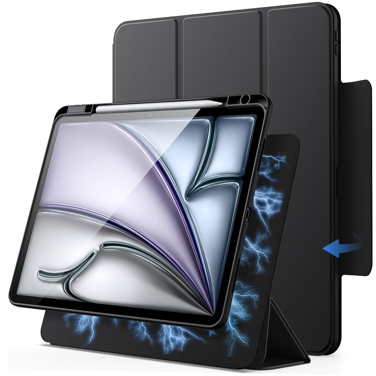 JETech Magnetic Detachable Case for iPad Air 13 inch M4/M3/M2 (2026/2025/2024) with Pencil Holder - Detachable Rotating Clear Cover with Portrait / Landscape Stand and Raised Screen (Black)