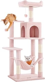 Feandrea Cat Tree, 55.1-Inch Cat Tower, Plush Multi-Level Condo with 4 Scratching Posts, 2 Perches, Hammock, Cave, Jelly Pink UPCT161P01