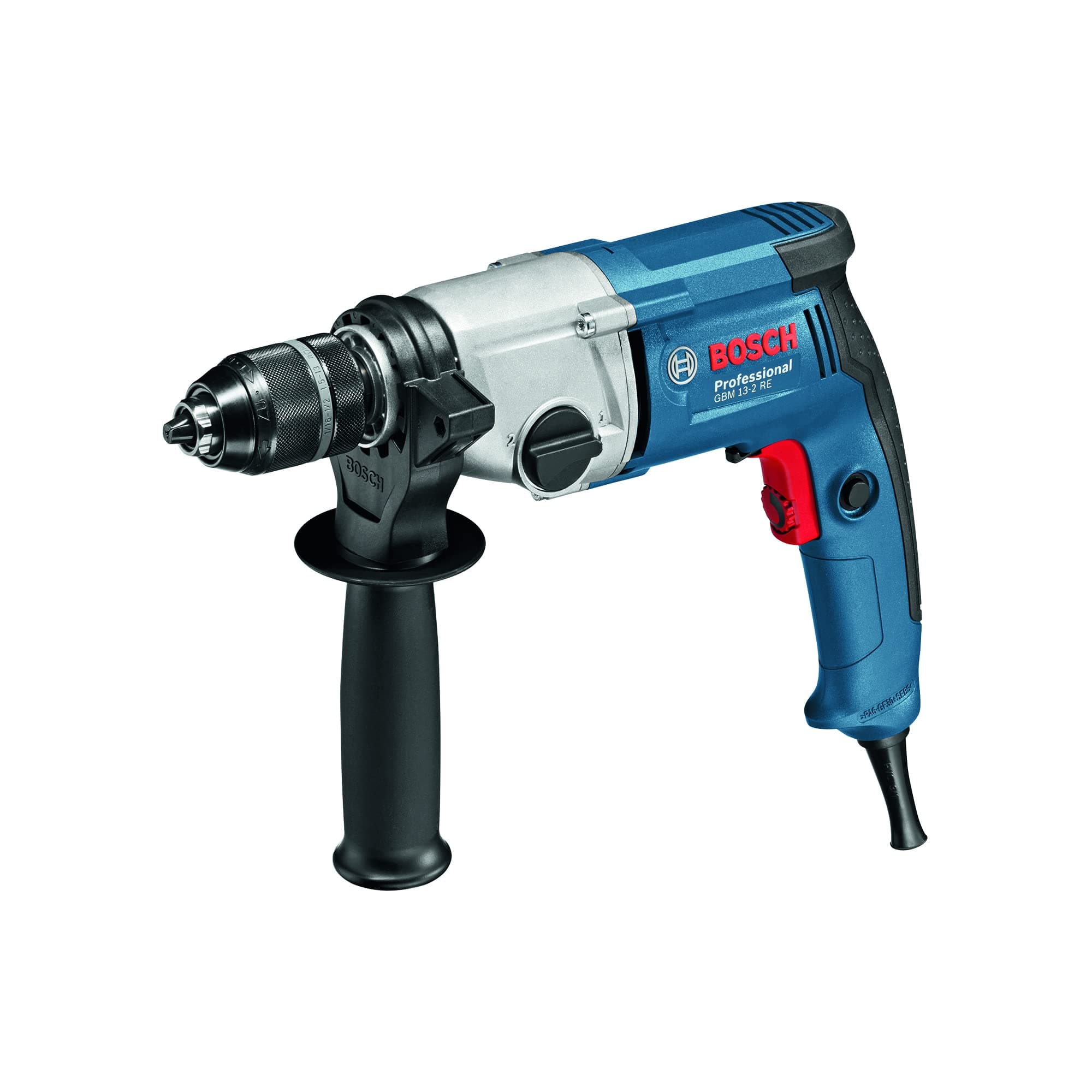 Bosch Professional 2-geared Rotary Drill GBM 13-2 RE (240 V, drilling of holes in steel of up to 13 mm, 2-speed gearbox, incl. chuck, depth stop, auxiliary handle)