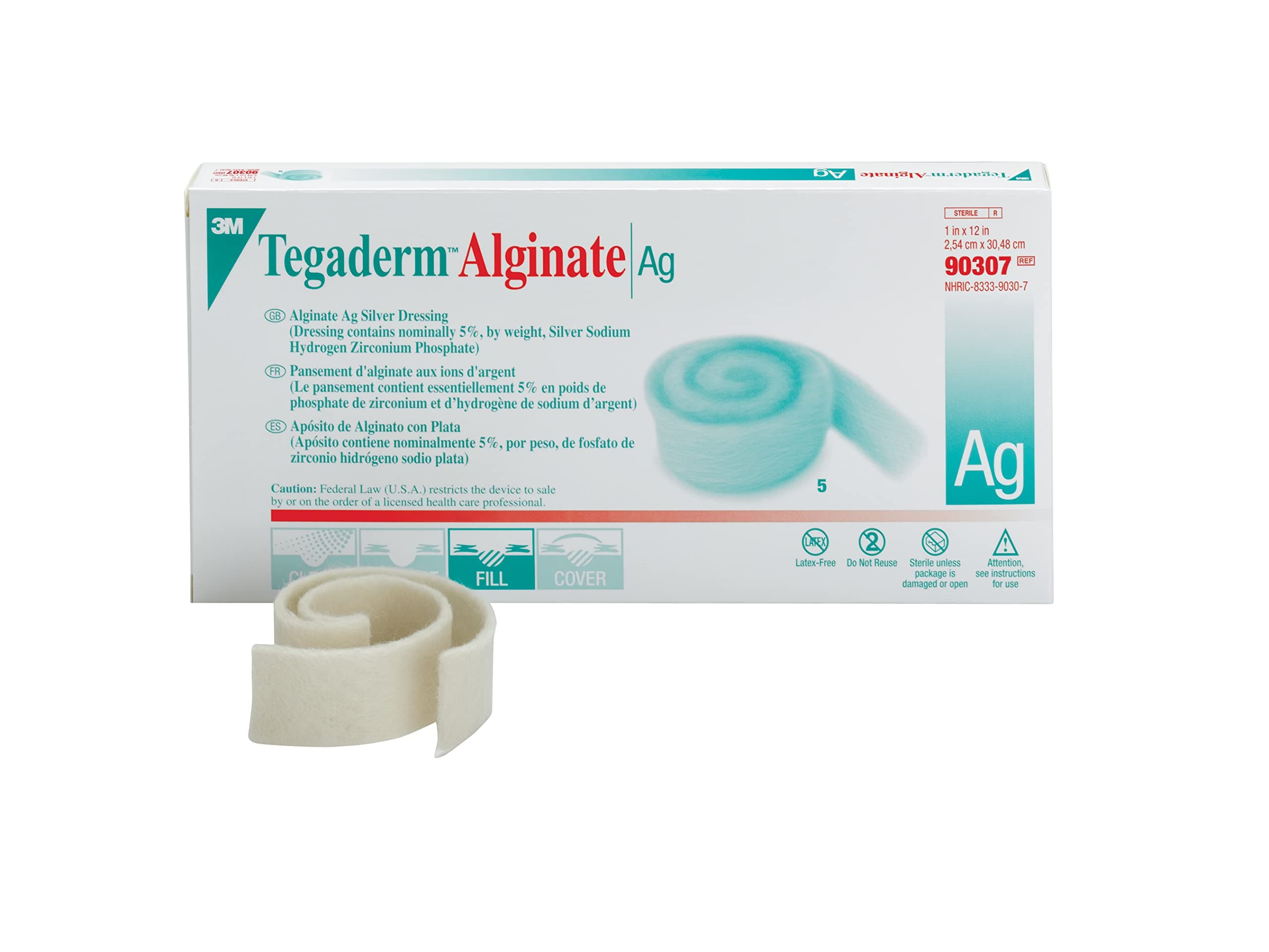 3M™ Tegaderm™ Alginate Ag Silver Dressing 90307, 1 IN x 2 IN, 5 dressings/CT 4 CT/CS
