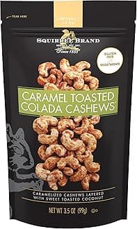 SQUIRREL BRAND Caramel Toasted Colada Cashews 3.5 oz Resealable Bag with swee...