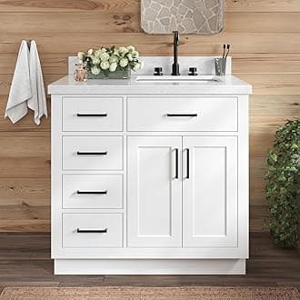 ARIEL Hepburn 36-inch Bathroom Vanity with Sink, Solid Wood, 1.5-inch Italian Carrara Marble Countertop & Backplash, Single Oval Porcelain Sink, 2 Soft-Close Doors, 5 Dovetail Drawers, White