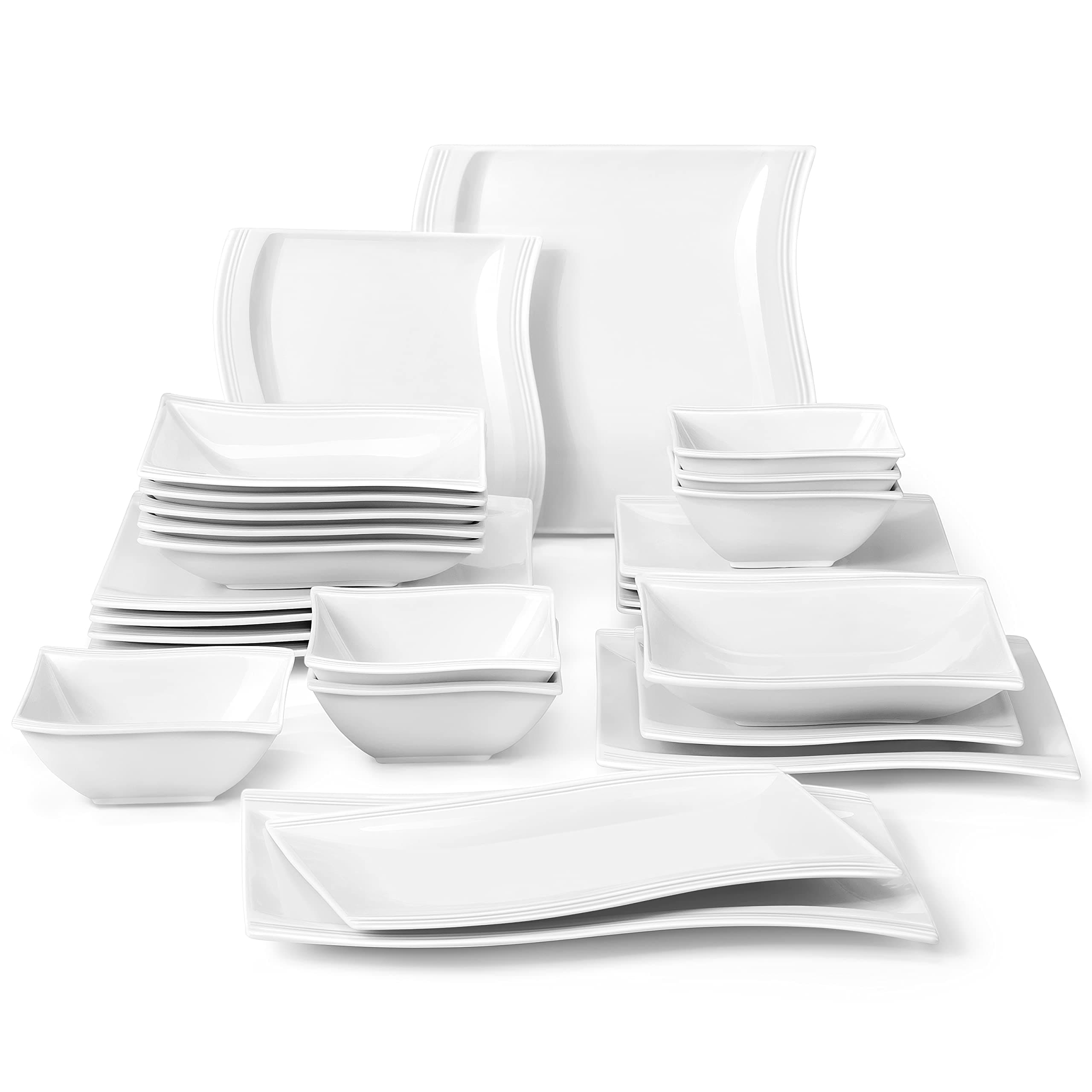 Plates and Bowls Sets, 26 Pieces Ivory White Porcelain Dinnerware Sets without Mugs, Square Dinnerware with Dinner Plates, Bowls and Serving Platters, Modern Dish Set for 6, Series Flora