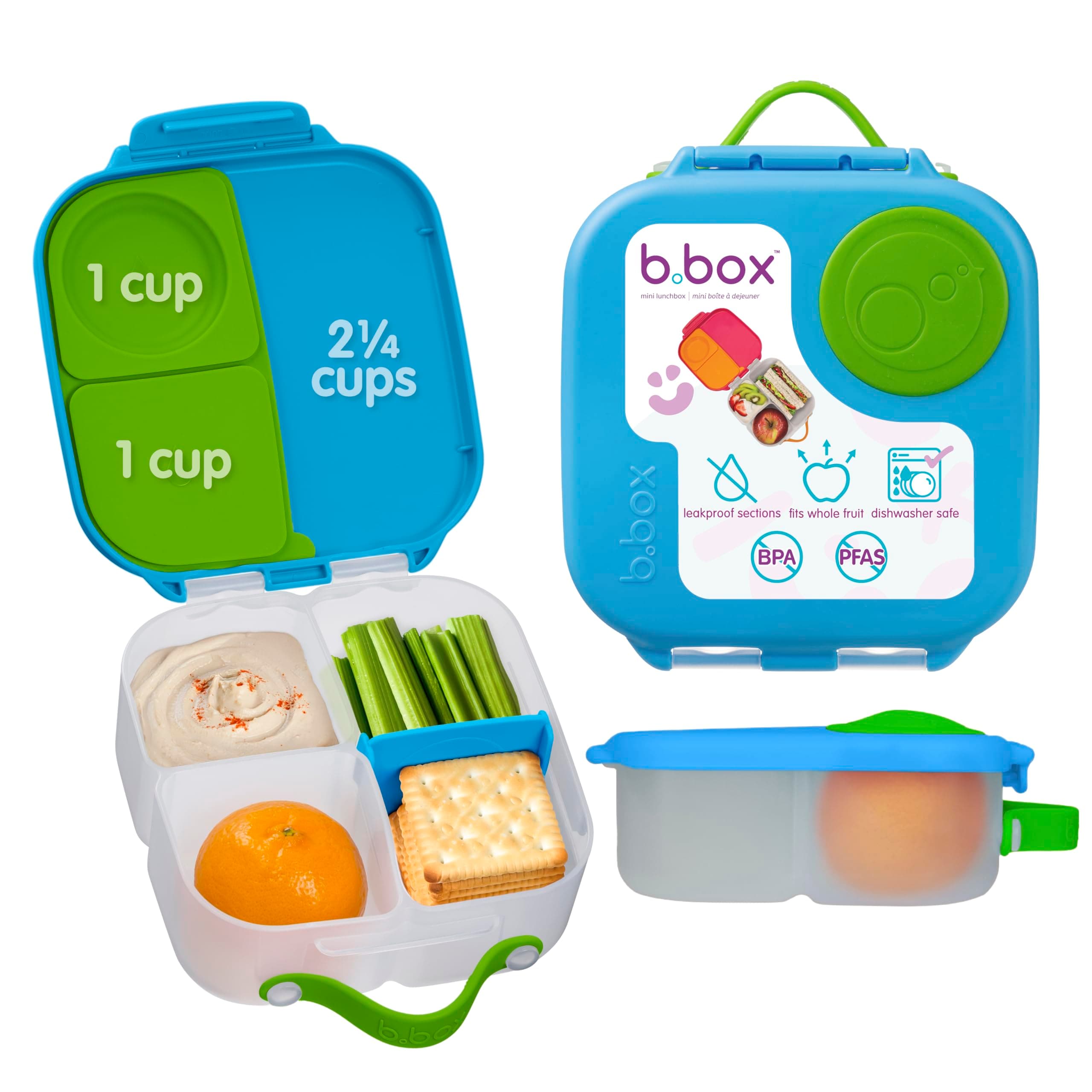 b.box Mini Lunch Box - 4.25 Cup Leak Proof Bento Box for Kids Ages 3+, 3 Compartment Snack Containers, School Lunch Container, Dishwasher Safe, BPA-Free, PFAS-Free - Ocean Breeze