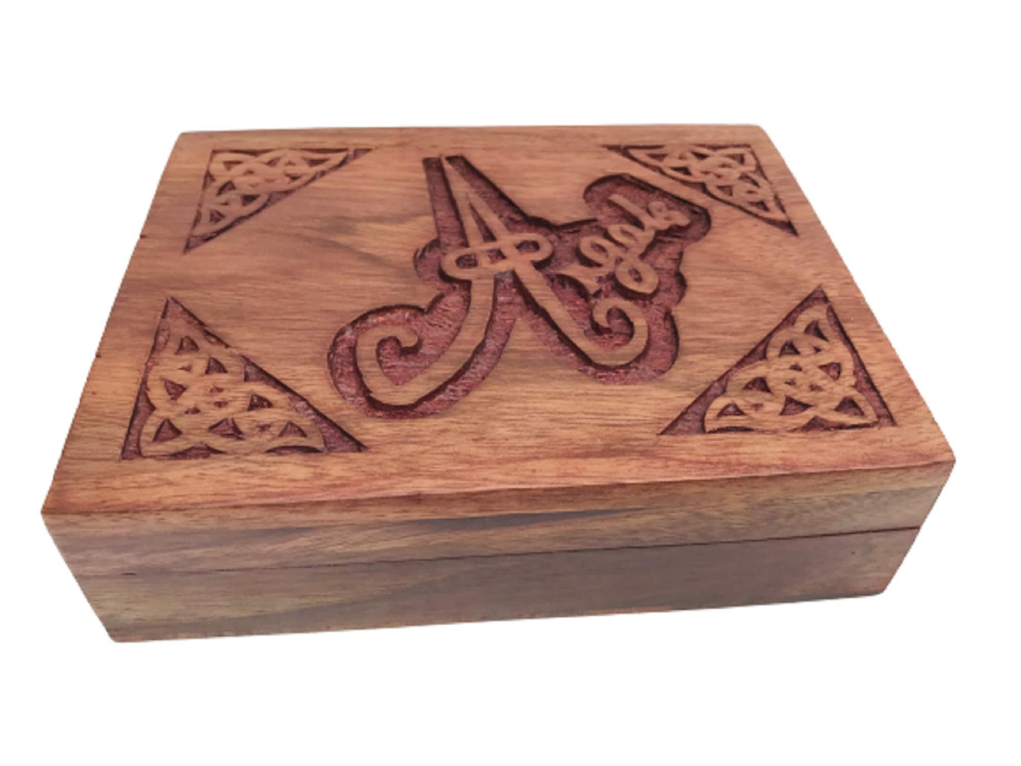 Hand Carved Stylised 'Angel' Script Sheesham Wood Box For Doreen Virtue Angel/Oracle Cards