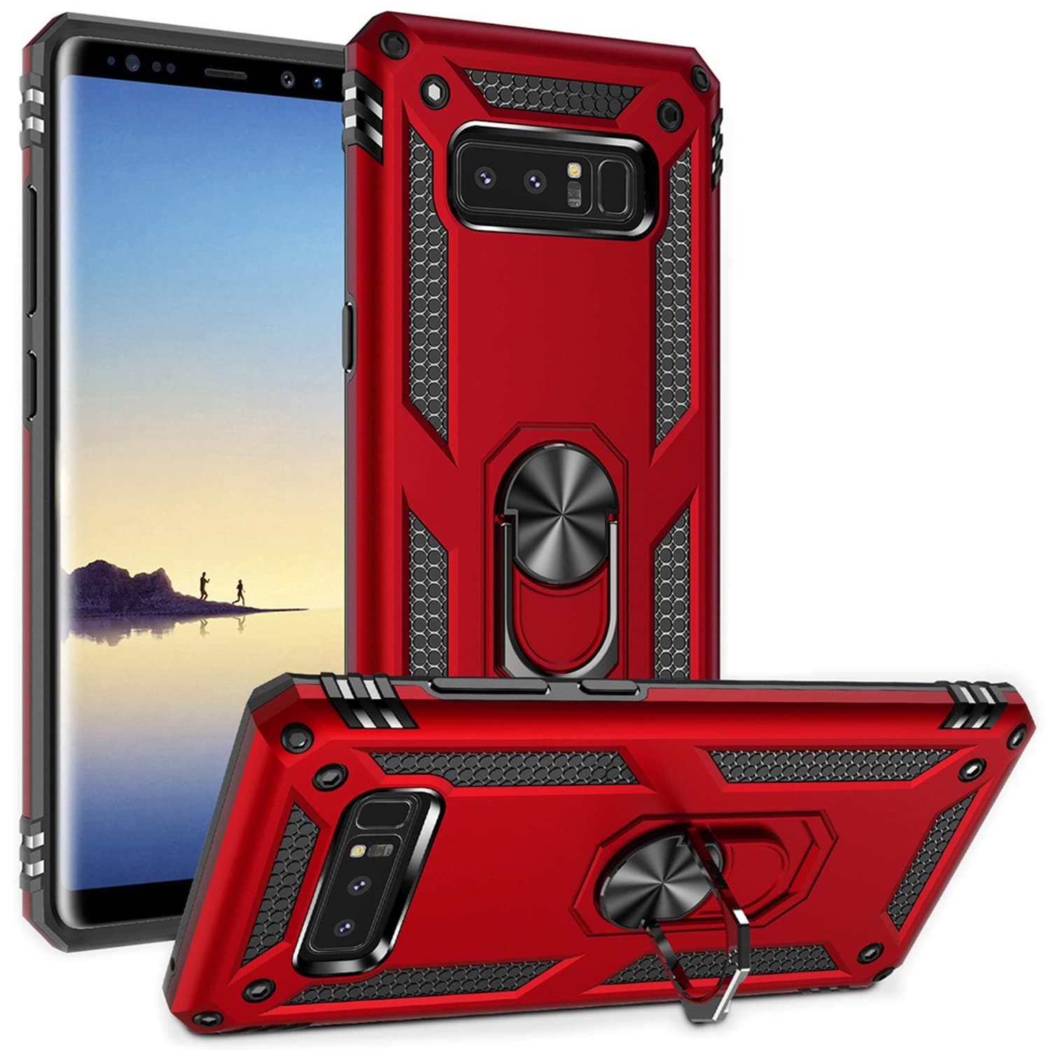 Galaxy Note 8 Case Military Grade Drop Impact Tested Armor 360 Metal Rotating Ring Kickstand Holder Built-in Car Mount Silicone TPU Shockproof Anti-Scratch Full Body Protective Cover for Note 8( Red )