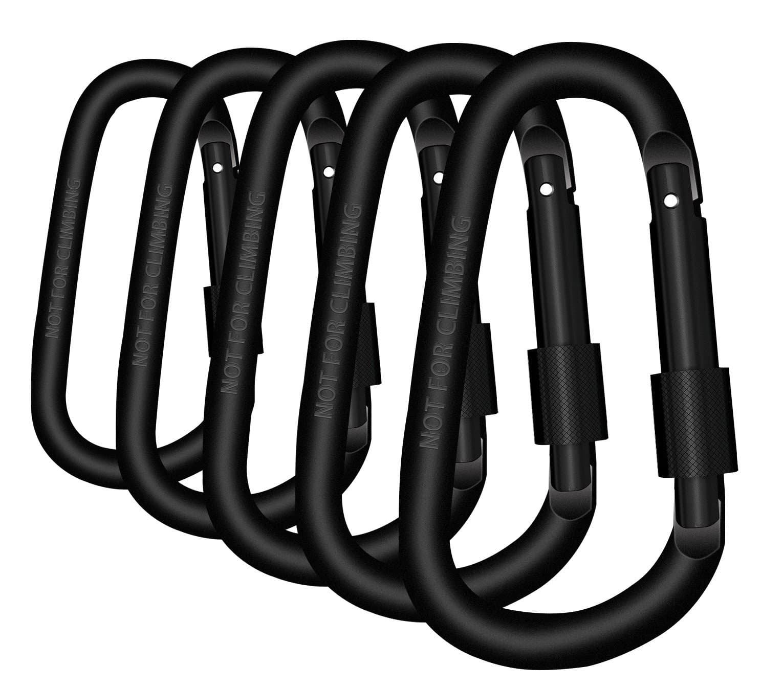 NOKEA 5 Pack Aluminum Carabiner Screw Locking Spring Clip Hook Outdoor D Shaped Keychain Buckle for Camping, Hiking, Fishing (Black)