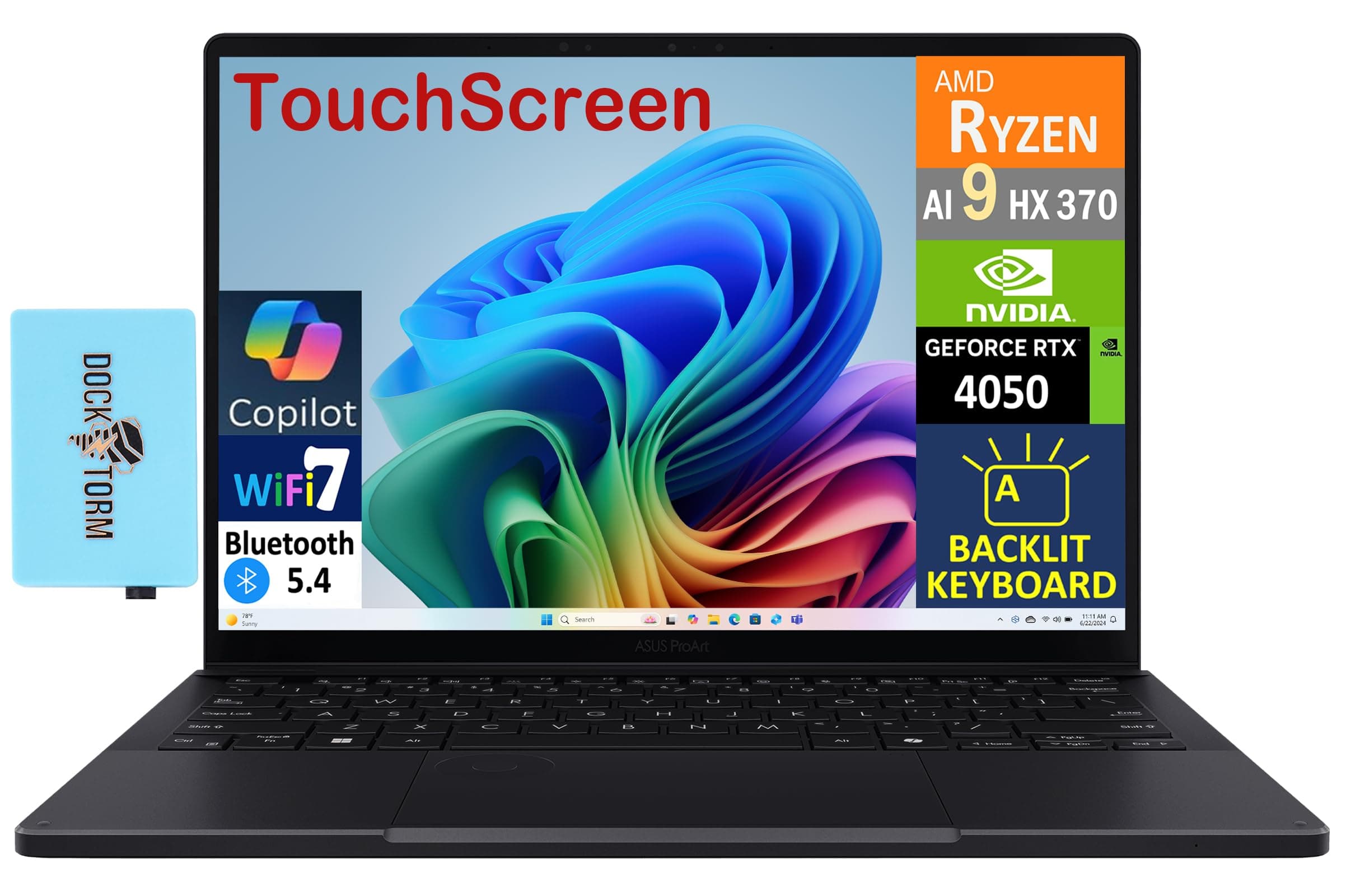 ProArt PX13 (Replace P16) 2-in-1 AI Laptop 13.3" Touch OLED 3K 500 nits Display (Ryzen AI 9 HX 370, RTX 4050, 32GB LPDDR5X, 1TB SSD, Backlit KYB, WiFi 7, BT 5.4, Win11H) w/DKZ USB Port Expander