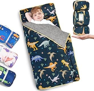 Primlect Thickened Toddler Nap Mat with Removable Pillow and Minky Blanket, Extra Large 55''x35'' Sleeping Bag, Washable, Roll up, Perfect for Daycare, Preschool, Kindergarten, Boys and Girls Dinosaur