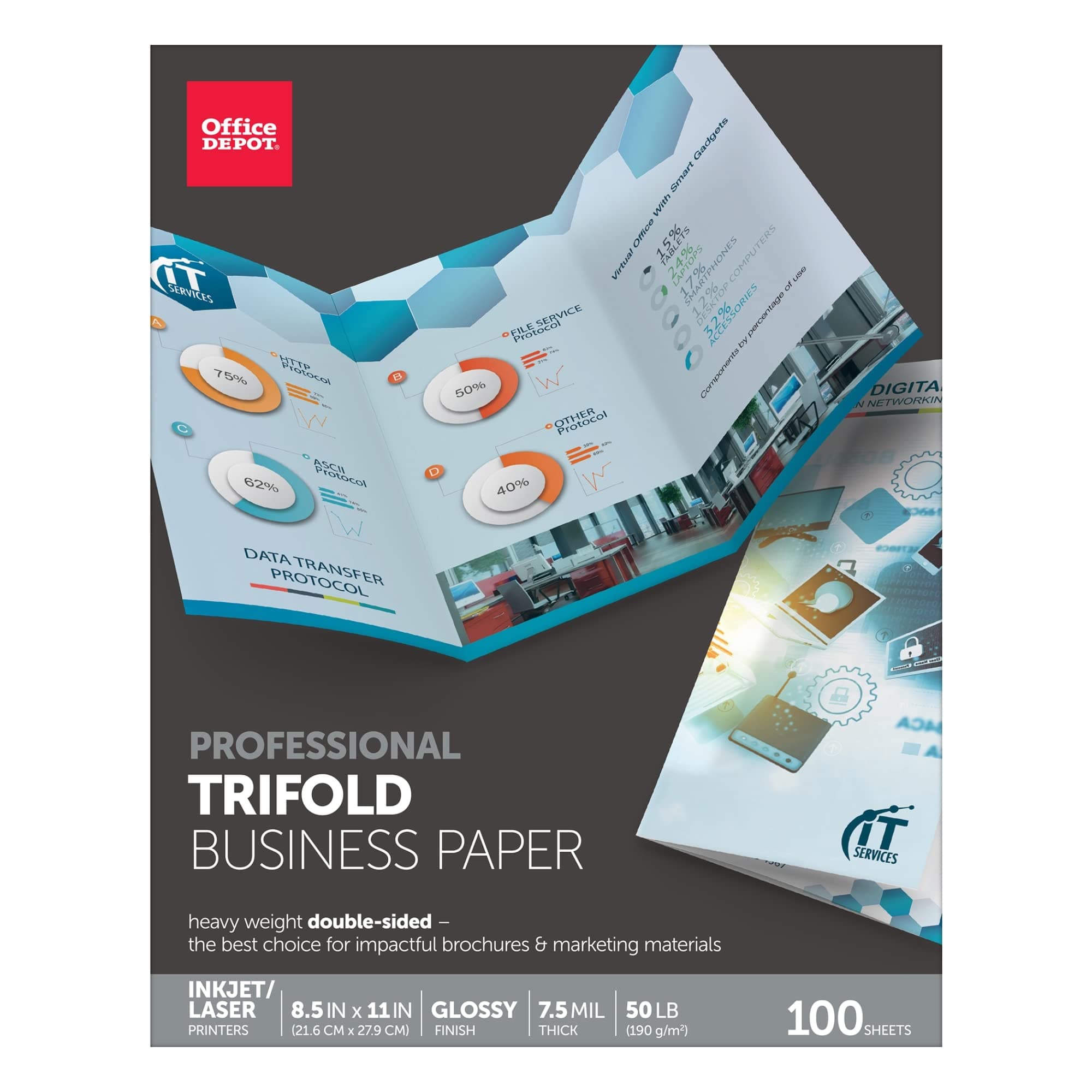 Double-Sided Presentation Paper, Glossy, Tri-Fold, 8 1/2in. x 11in., 50 Lb, Pack Of 100 Sheets, 124214