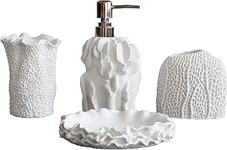 Hymmah Bathroom Accessories Set,Coral Seashell Design Toothbrush Holder,Farmhouse Bathroom Decor,4 Pcs Resin Gift Set Apartment Necessities, Contain Toothbrush Cup,Soap Dispenser,Soap Dish,Tumbler
