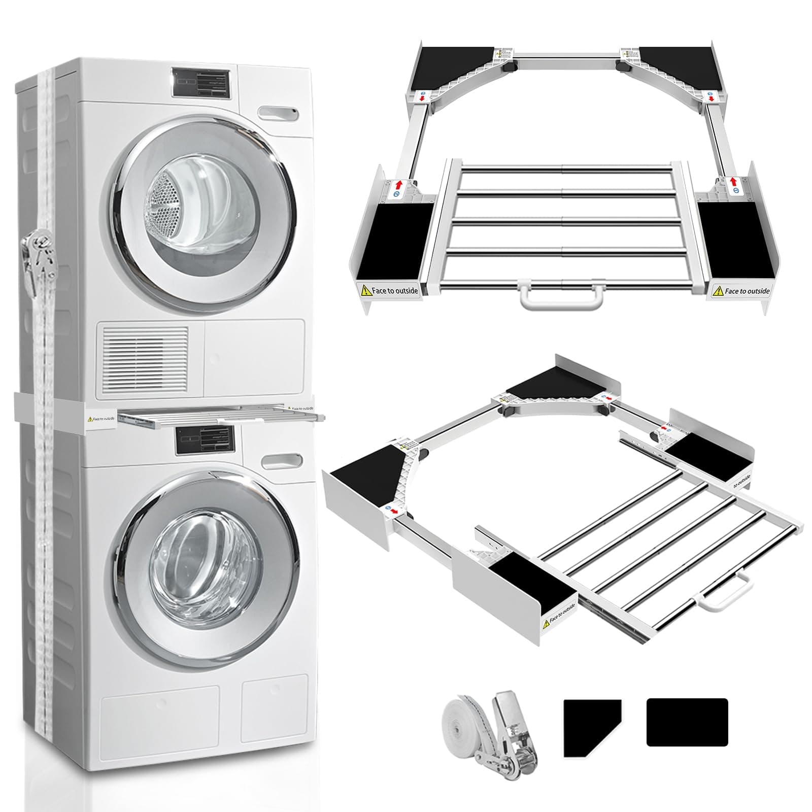 Washer Dryer Stacking Kit 29 inch, Universal Washer and Dryer Stacking Kit with Pull Out Drying Rack, Adjustable 29"/28"/27"/26"/25"/24" Stacking Kit with Ratchet Strap