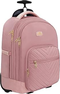 Rolling Backpack for Women, 17 Inch Travel Laptop Backpacks with Wheels, Large Carry On Business Luggage Roller Backpack, Waterproof Trolley Suitcase Overnight College Work Computer Bag, Pink