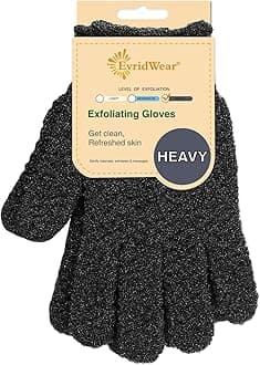 Evridwear Exfoliating Dual Texture Bath Gloves for Shower, Spa, Massage and Body Scrubs, Dead Skin Cell Remover, Gloves with Hanging Loop (1 Pair Black Heavy Glove)