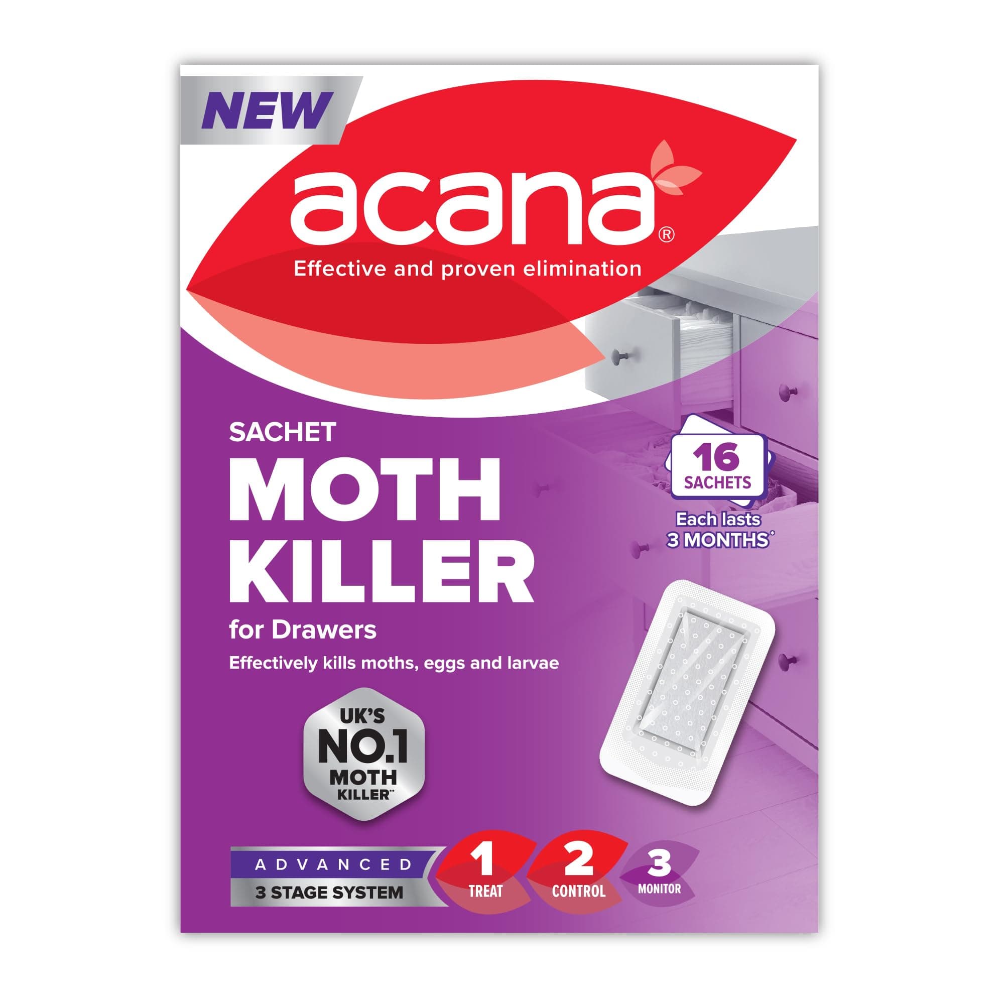 Acana Sachet Moth Killer 16 Pack- For Drawers & Storage- Protects Clothing & Bedding- Lasts 3 Months