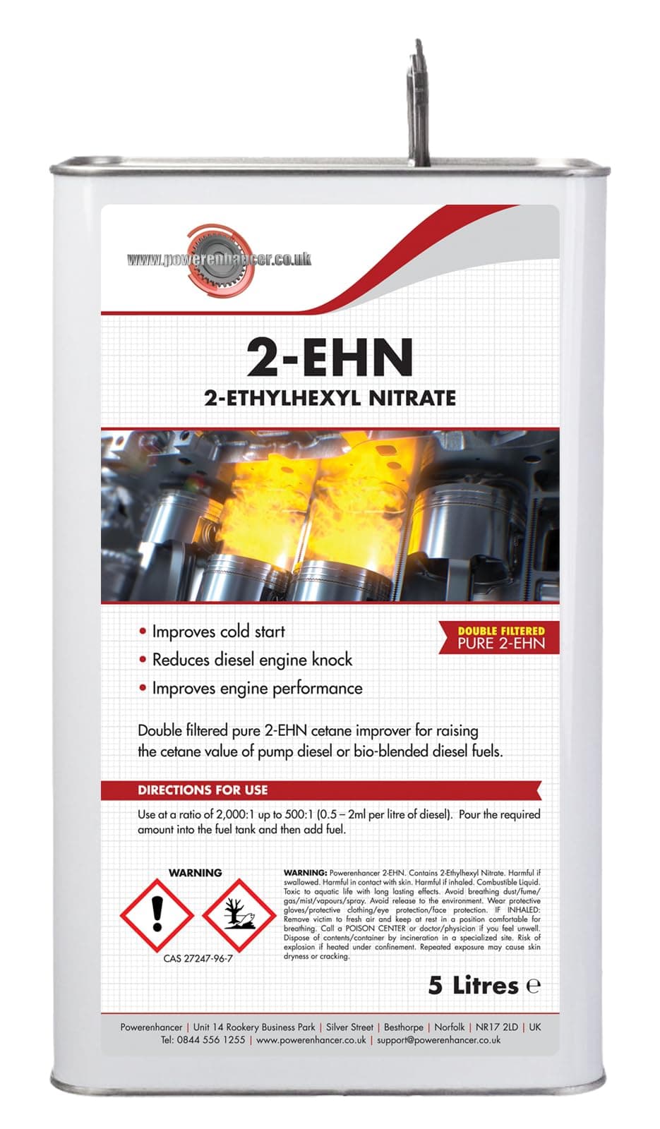 Premium Double Filtered Pure 2-EHN 99, 2-Ethyl-Hexyl Nitrate Cetane Booster. Diesel Additive to Improve Cold Start, Reduce Engine Knock, Improve Performance & Fuel Economy. 5L