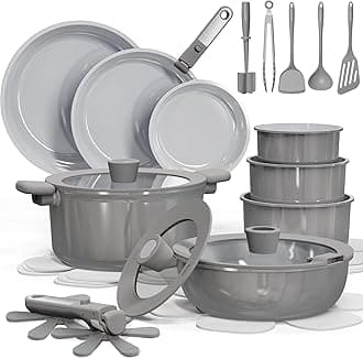 CAROTE 18pcs Ceramic Cookware Set Nonstick, Pots and Pans Set Non stick, Non Toxic Cookware, Dishwasher/Oven Safe, RV/Camping Cookware Set, Pan and Pot with Kitchen Utensils, Dark Gray