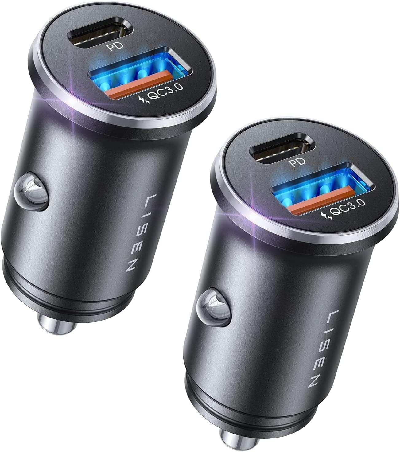 LISEN Cigarette Lighter USB Charger [2 Pack | 69W+69W] 12V Car USB Socket [All Metal] Car Charger Fast Charge USB C for iPhone 17 16 Pro Max Samsung Galaxy S25 Ultra