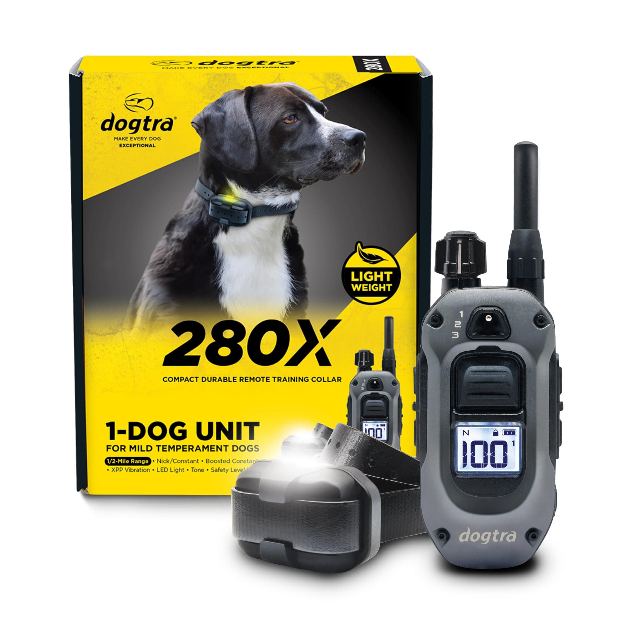 280X E-Collar with Remote [New Edition] 10 lbs+, 1/2 Mile Range, LED Light, 100 Levels of Precise Control for Stubborn Dogs, Waterproof, Boost for Quick Recall, Vibration, Safety Lock & Tone