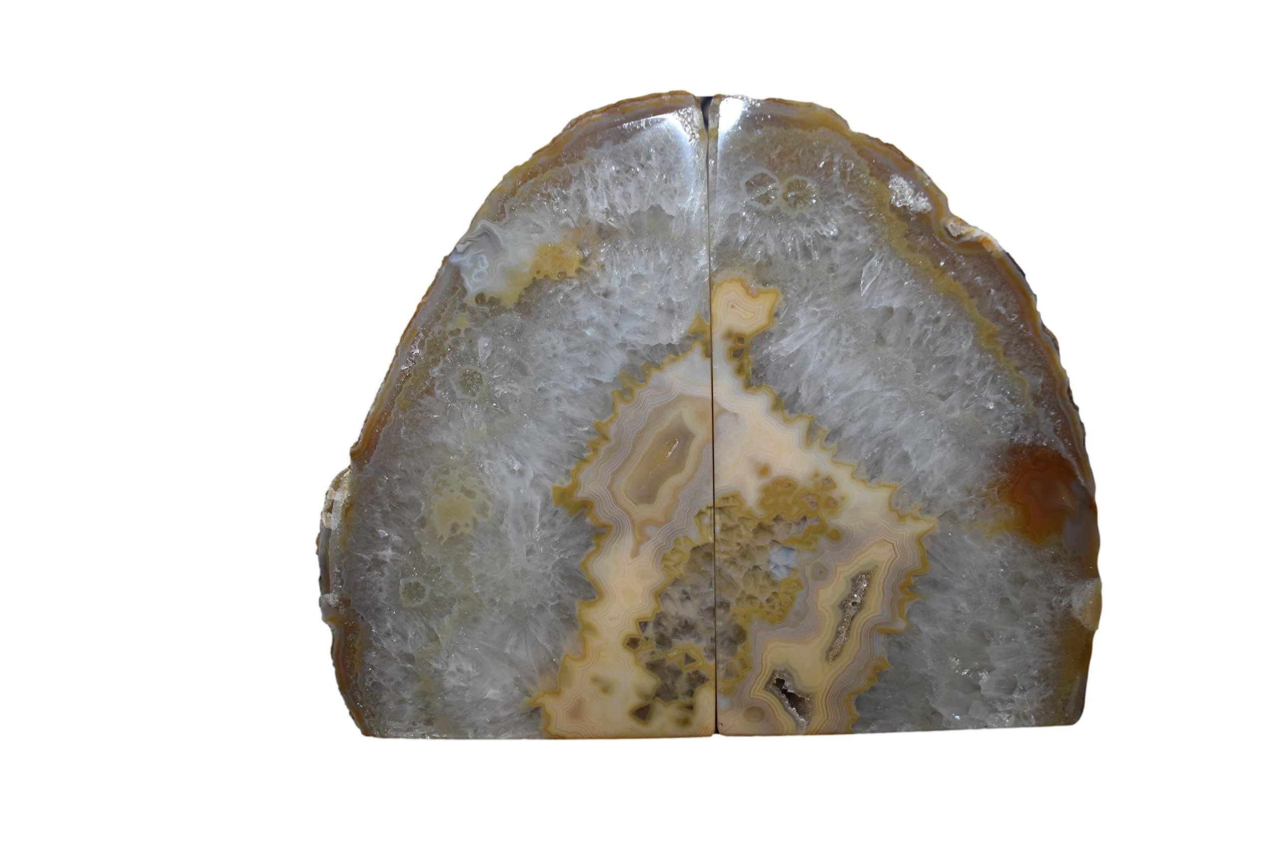 Agate Geode Bookends with Rubber Bumpers Premium Quality 3 to 5 lbs Set of Non-Skid Book Stopper for Books, Shelves, Office, Home Decor (Undyed Natural Stone)