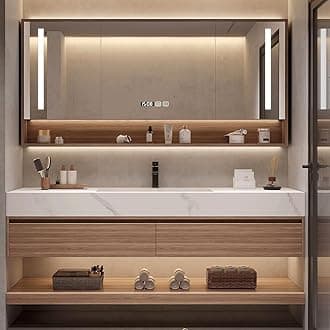 Wood Bathroom Vanity Set - 54IN LED Defogging Mirror | Wall Mounted Bathroom Vanity with Sink Include 2 Drawers, Open Storage & Mirror Cabinet Storage