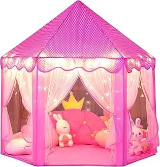 Wilwolfer Princess Hexagon Castle Tent for Kids and Outdoor Games with 17ft,50 Star Lights (Pink)