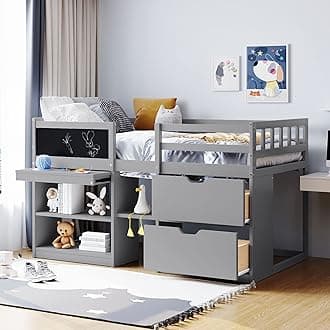 Bellemave Twin Size Low loft Bed for Kids,Wood Loft Beds,Modern Farmhouse Twin loft Bed,Loft Bed with Rolling Desk and Storage, Shelf and Drawers No Box Spring Needed,for Kids, Gray