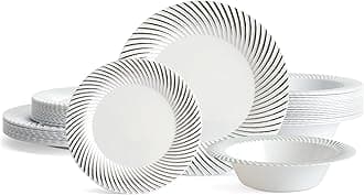 96 Pcs White Plastic Tableware Set with Silver Border - 32 Dinner Plates, 32 Side Plates, 32 Bowls - Elegant & Reusable Dinnerware for Parties, Wedding, Birthday, Picnic